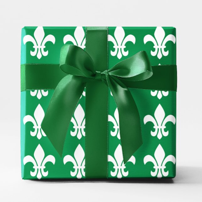 Grün und Weiß Fleur de Lys Geschenkpapier (Green and White Mardi Gras Wrapping Paper)