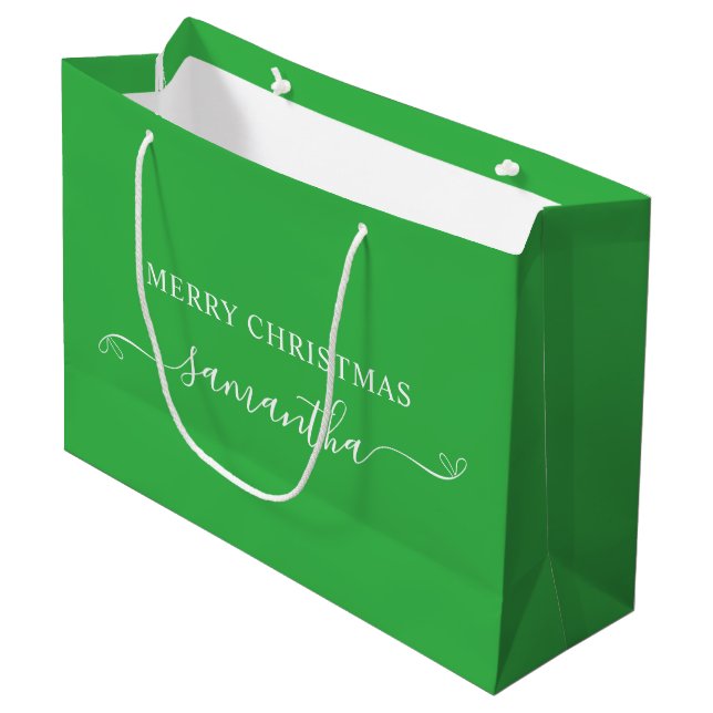 Grün und Weiß Frohe Weihnachtsbäume Unterschrift Große Geschenktüte (Vorderseite Schrägansicht)