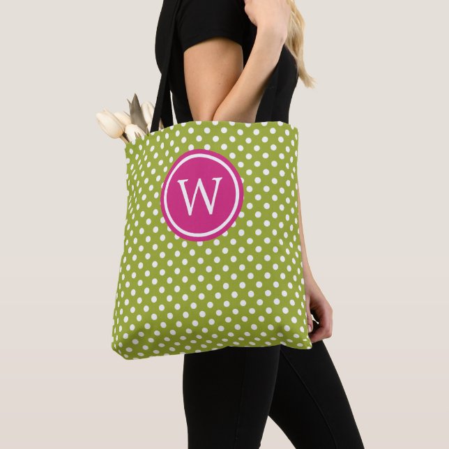 Grün und Weiß gepunktet mit rosa Monogramm Tasche (Von Nahem)