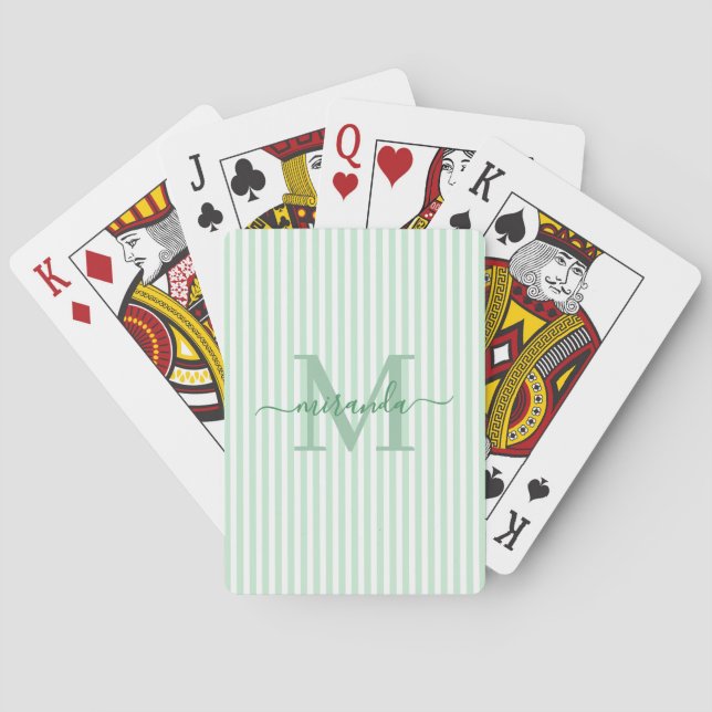 Grün und Weiß gestreiftes Monogramm Name Spielkarten (Rückseite)