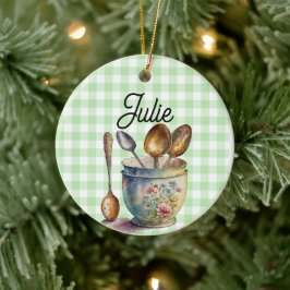 "Grün und Weiß kariert - Löffel in Tasse Keramik Ornament
