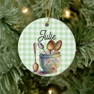 "Grün und Weiß kariert - Löffel in Tasse Keramik Ornament