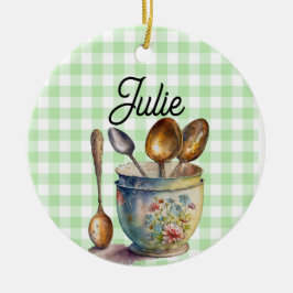 "Grün und Weiß kariert - Löffel in Tasse Keramik Ornament