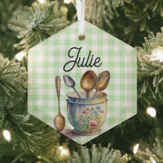 "Grün und Weiß kariert - Löffel in Tasse Ornament Aus Glas