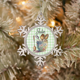 "Grün und Weiß Kariert - Löffel in Tasse Schneeflocken Zinn-Ornament