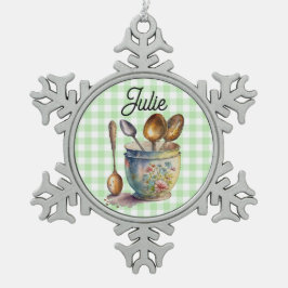 "Grün und Weiß Kariert - Löffel in Tasse Schneeflocken Zinn-Ornament