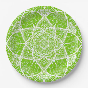 Grün und Weiß Mandala - Loergann in Ginkgo Pappteller
