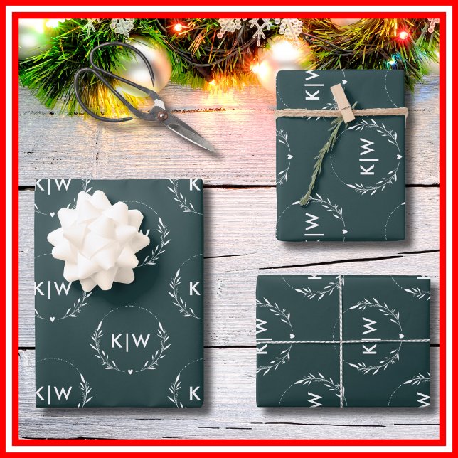 Grün und Weiß | Monogram für moderne Initials Geschenkpapier Set (Von Creator hochgeladen)