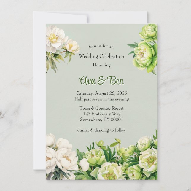 Grün und Weiß Peony Elegante Hochzeit Einladung (Vorderseite)
