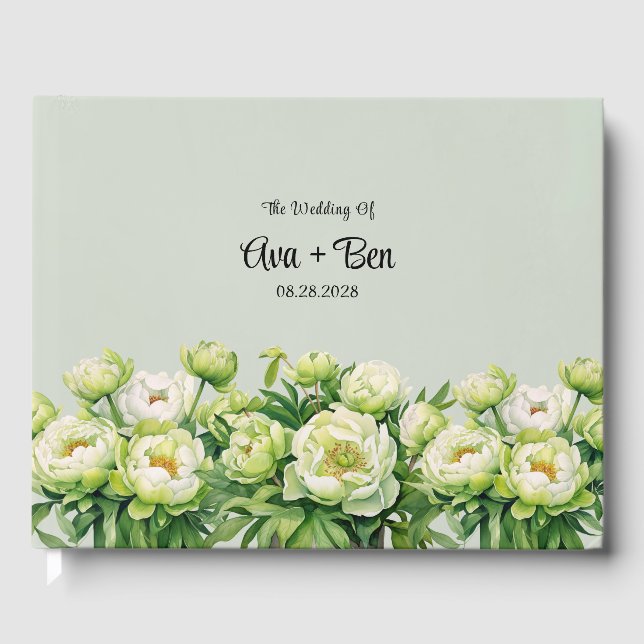 Grün und Weiß Peony Elegante Hochzeit Gästebuch (Vorderseite)