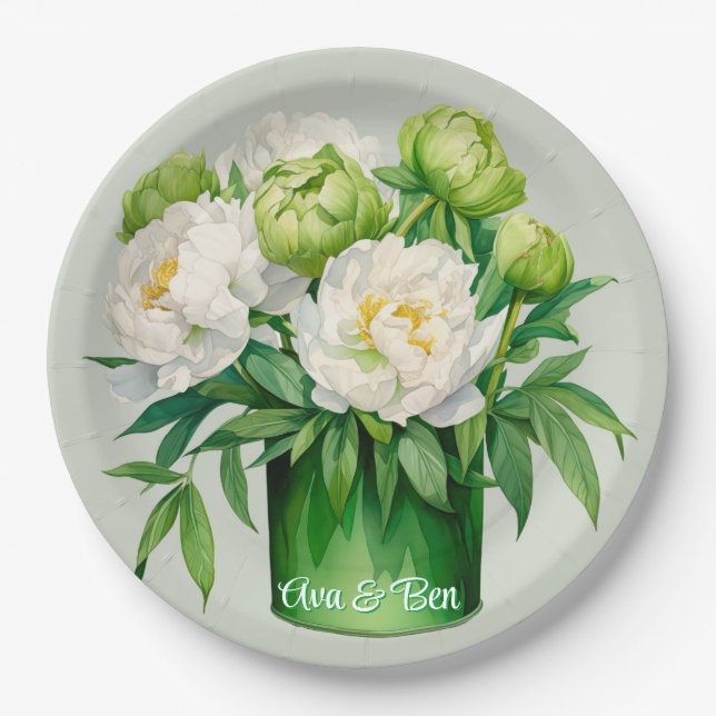Grün und Weiß Peony Elegante Hochzeit Pappteller (Vorderseite)