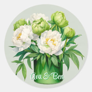 Grün und Weiß Peony Elegante Hochzeit Runder Aufkleber