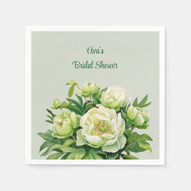 Grün und Weiß Peony Elegante Hochzeit Serviette (Vorderseite)
