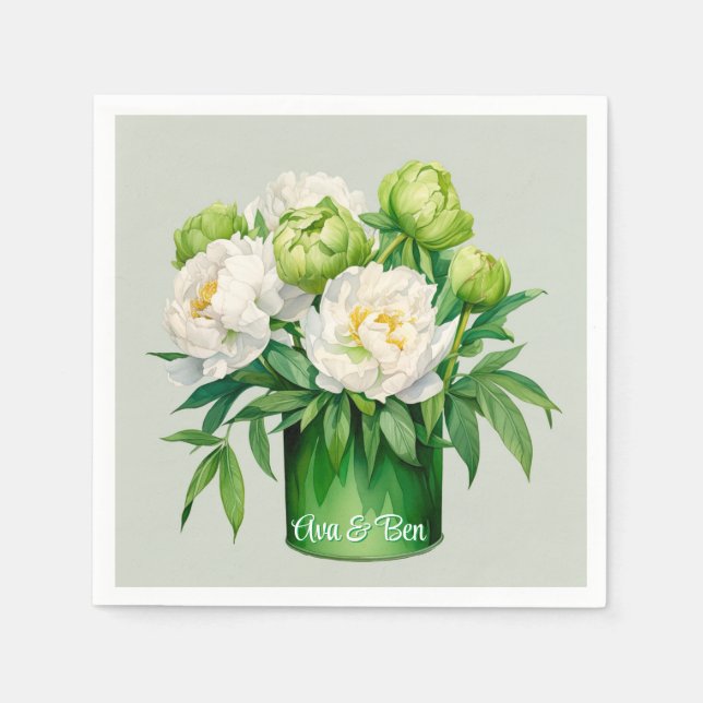 Grün und Weiß Peony Elegante Hochzeit Serviette (Vorderseite)