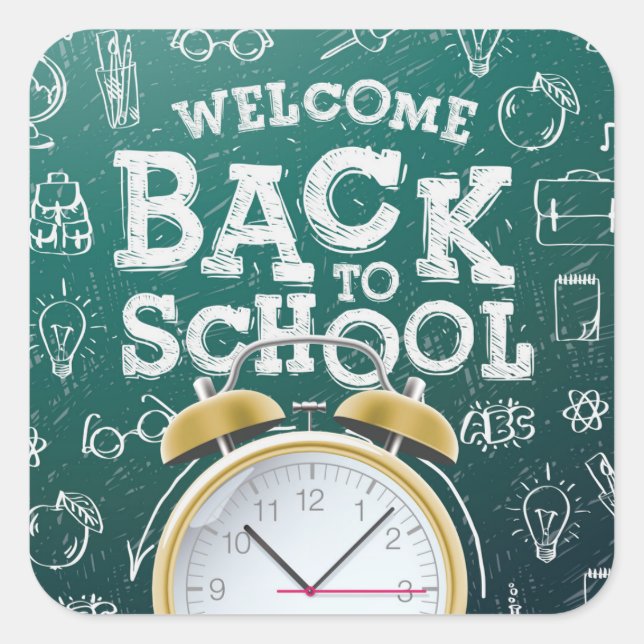 Grün und Weiß Willkommen zurück in der Schule Quadratischer Aufkleber (Vorderseite)