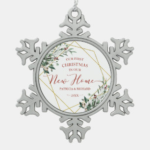 Grün unser erstes Weihnachten in unserem neuen Zuh Schneeflocken Zinn-Ornament