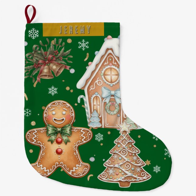 Grün Vintager Lebkuchenmann, Baum, Weihnachten Großer Weihnachtsstrumpf (Vorderseite)