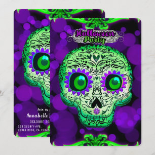 Grün & Violett leuchtender Halloween-Schädelparty Einladung