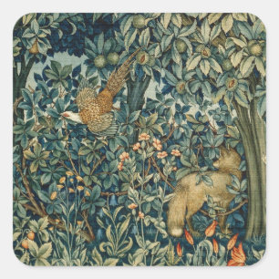 GRÜN, WALDtiere Fasan, Fox, grünes Blumen Quadratischer Aufkleber