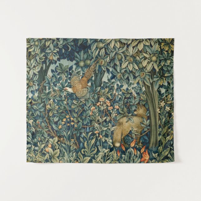 GRÜN, WALDtiere Fasan, Fox, grünes Blumen Wandteppich (Vorderseite (Horizontal))