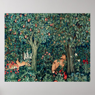 Grün, Waldtiere Hasen, Fuchs, Grüne Blumen Poster