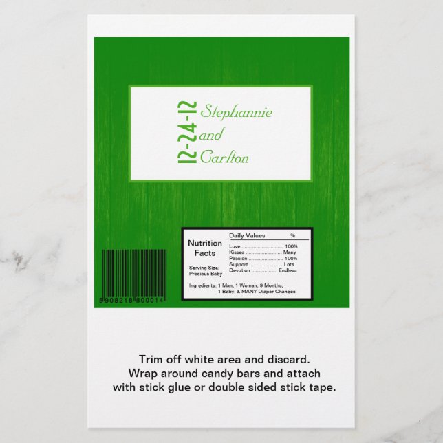 Grün/Weiß-Holzkörner Hochzeitskandy Wrapper Flyer (Vorne)