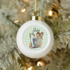 "Grün-weiß kariert - Löffel in Tasse Keramik Kugel-Ornament