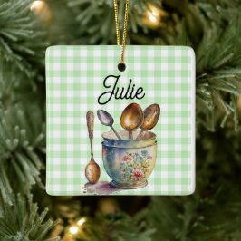 "Grün-weiß kariert - Löffel in Tasse Keramikornament