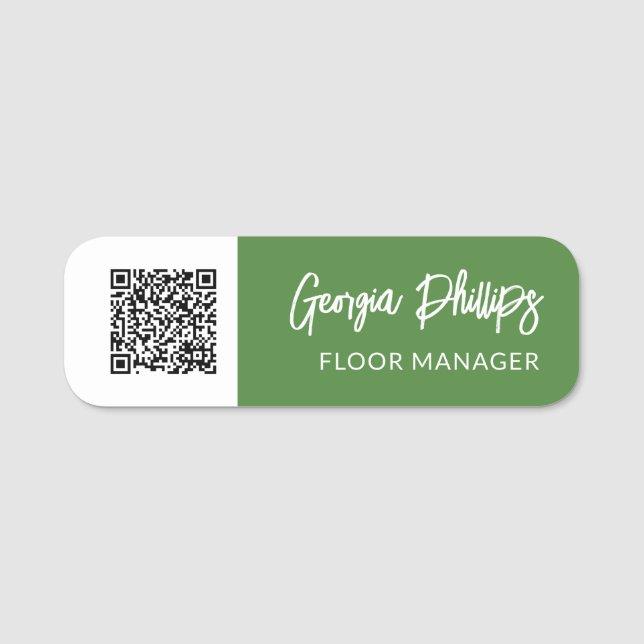 Grün/Weiß QR-Code - Brush-Skript Namensschild (Vorderseite)