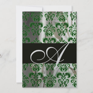 GRÜN WEIß SCHWARZE SEIDEN-DAMAST-MONOGRAMM SILBER EINLADUNG