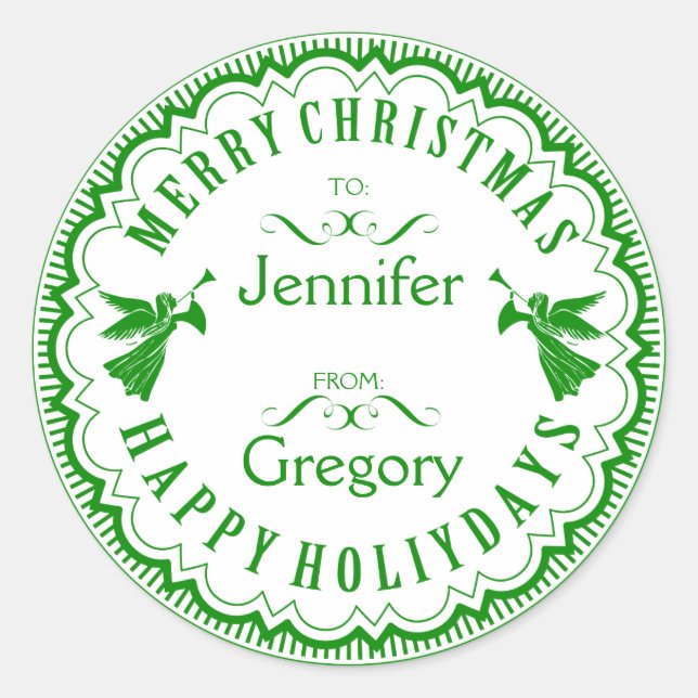Grün & Weiß Typografisches Weihnachten mit Engeln Runder Aufkleber (Vorderseite)