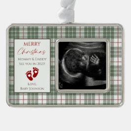 Grün, Weiß und Rot Kariert Neues Baby Ultrasound F Rahmen-Ornament Silber