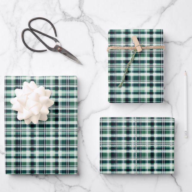Grün, Weiß und Schwarz Kariert Geschenkpapier Set (Vorderseite)