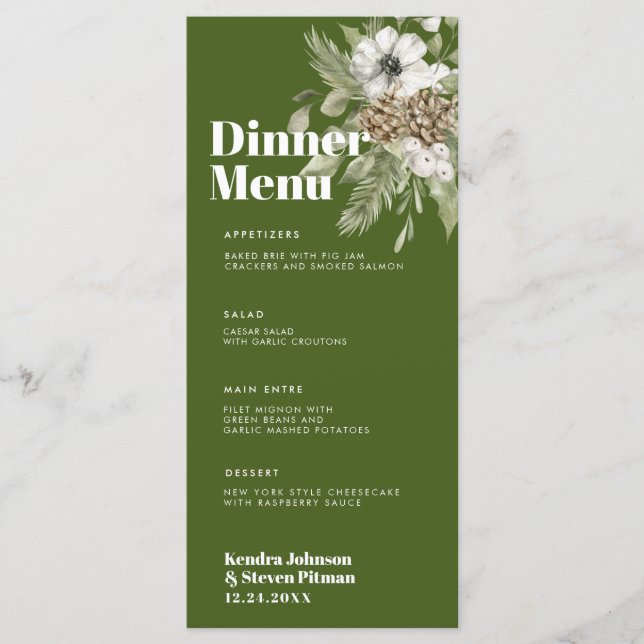 Grün & Weiß Winterwald Bouquet Moderne Hochzeit Menükarte (Vorderseite)