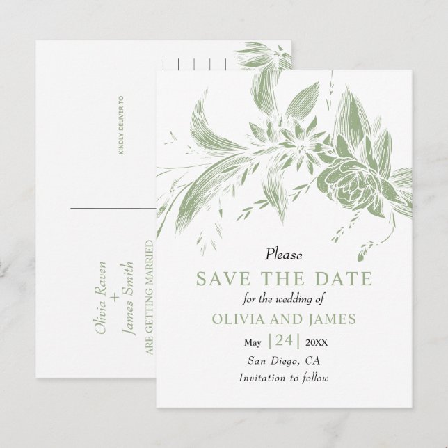 Grün-weiße Blume Save the Date Postkarte (Vorne/Hinten)
