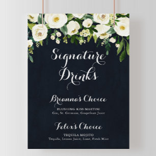 Grün Weiße Florale Blaue Signature-Drinks-Schild Poster