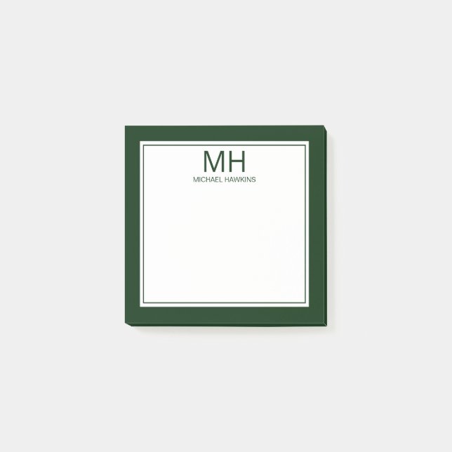 Grün Weiße Monogramm Herren Post-it Klebezettel (Vorderseite)