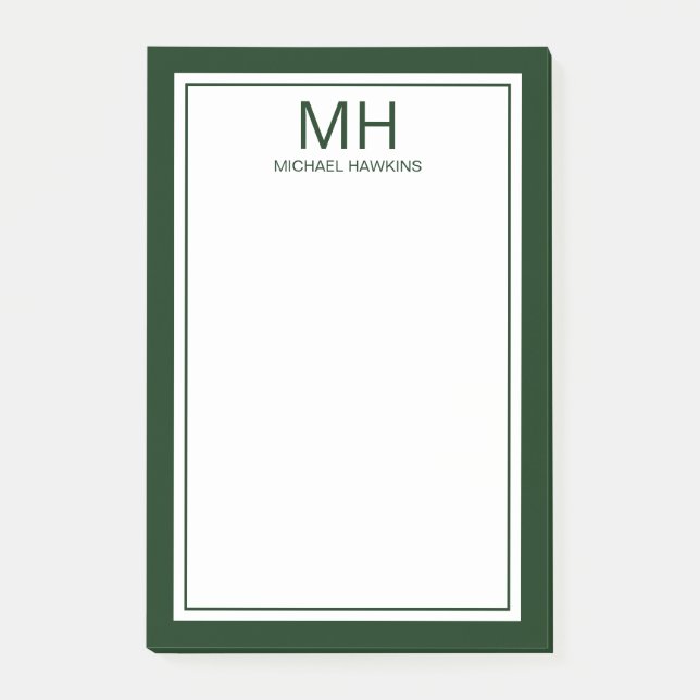 Grün Weiße Monogramm Herren Post-it Klebezettel (Vorderseite)