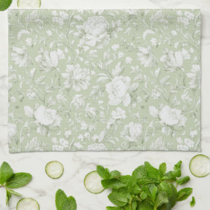 Grün Weiße Romantische Blumen Geschirrtuch
