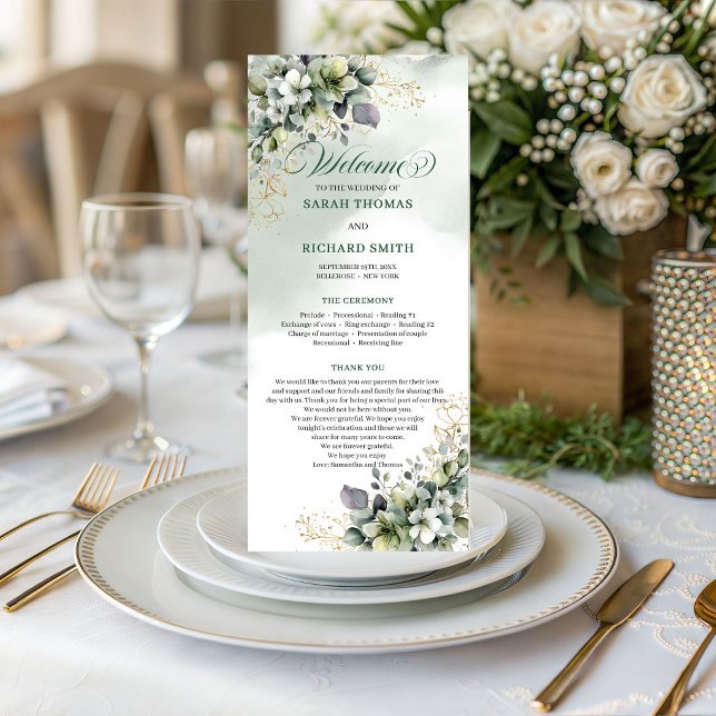 Grün-weißes botanisches Aquarell-Hochzeitsprogramm Programm (Green White Botanical Watercolor Wedding Program)