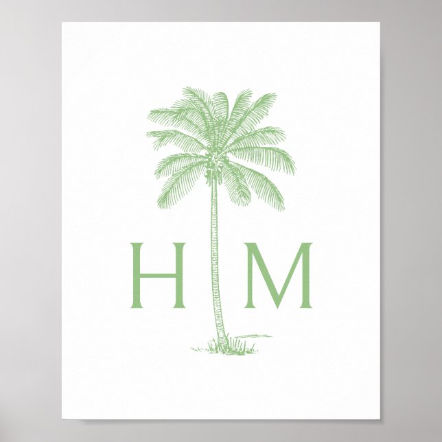 Grün-weißes Palm-Palmetto-Baum-Monogramm Poster (Vorne)