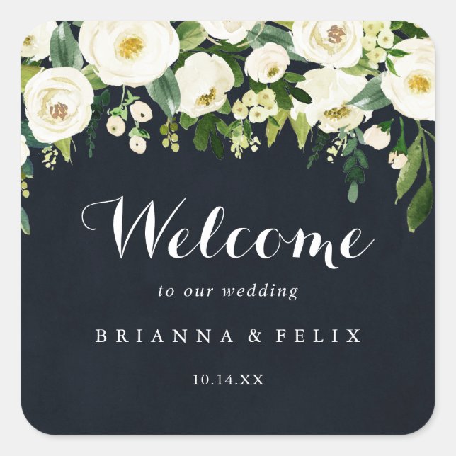 Grün White Floral Royal Blue Wedding Willkommen Quadratischer Aufkleber (Vorderseite)