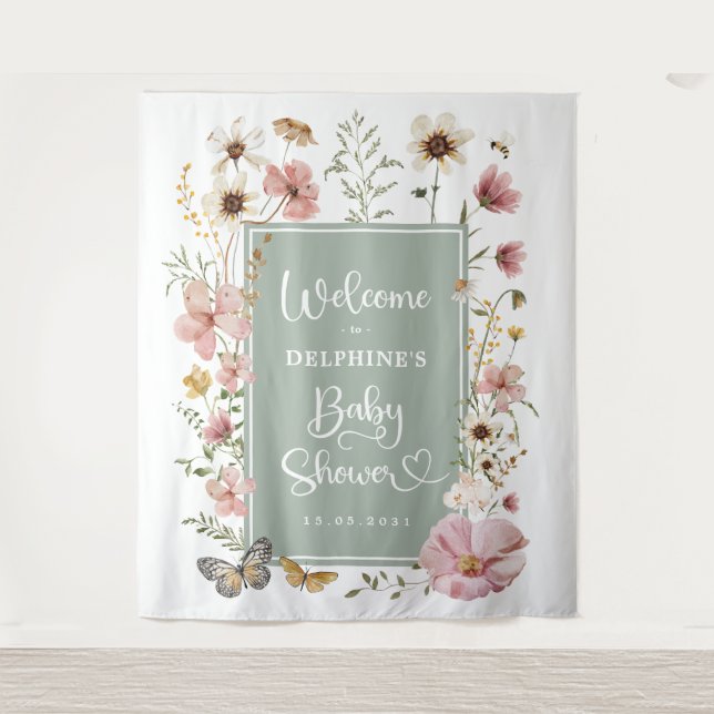 Grün Wildblume Baby in Blütendusche Willkommen Wandteppich (Vorderseite)