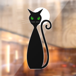 Grünaugige schwarze Halloween-Mondkatze Fensteraufkleber