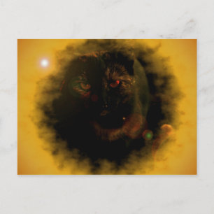 grünäugige schwarze Katze gelbe Sonnenstrahlen Pos Postkarte
