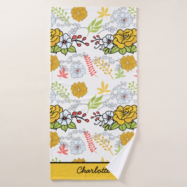 Grünblüte Blumenmuster personalisierter Name Badehandtuch (Badehandtuch)