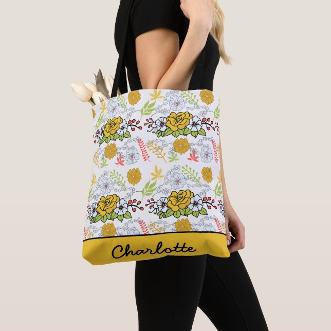 Grünblüte Blumenmuster personalisierter Name Tasche (Von Nahem)