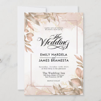 Grünbraun und Beige Blumenwasser Hochzeit Einladung