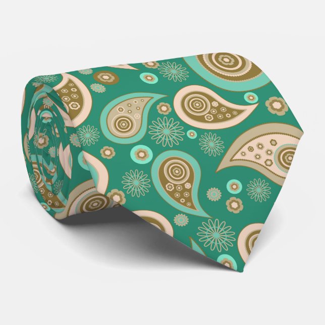 Grünbraune beige Vintage Paisley-Muster Krawatte (Gerollt)
