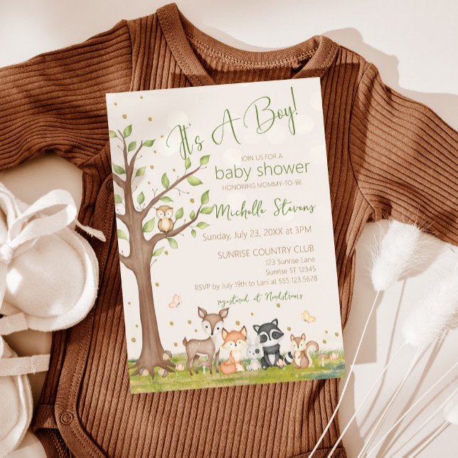 Grünbraune Boy Watercolor Waldtiere Einladung (Von Creator hochgeladen)